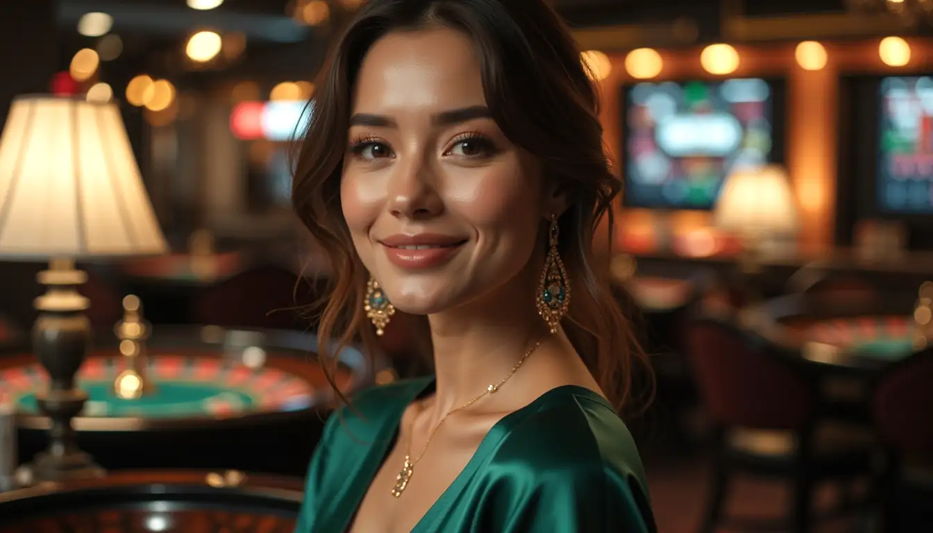 Solo woman smiling in evening lounge with online pokies mood