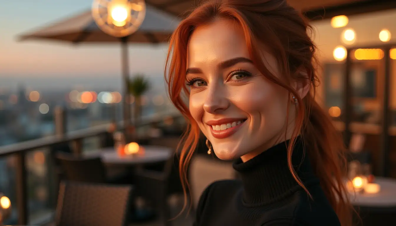 Solo redhead woman smiling with sunset casino atmosphere