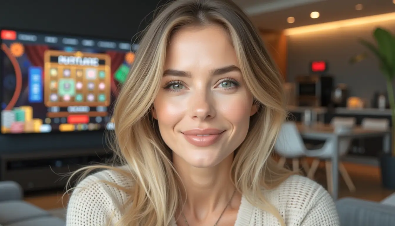 Solo blonde woman in modern apartment with online casino ambience